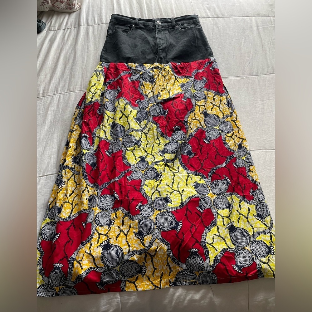 Vintage Upcycled Handmade Denim Patchwork‎ Maxi Skirt 6 Floral Mixed Media Boho
